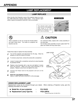 Page 3737
APPENDIX
LAMP REPLACEMENT
LAMP REPLACE
When the life of the Projection Lamp of this projector draws to an end,
the LAMP REPLACE indicator lights yellow.  If this indicator lights
yellow, replace the projection lamp with a new one promptly.
Follow these steps to replace the lamp assembly.
LAMP
ASSEMBLYHANDLE LAMP COVER
ORDER REPLACEMENT LAMP
Replacement Lamp can be ordered through your dealer.  When ordering a Projection Lamp, give the
following information to the dealer.

Model No. of your projector...