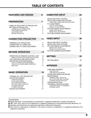 Page 55
TABLE OF CONTENTS
FEATURES AND DESIGN 6
BEFORE OPERATION 14COMPUTER INPUT 22
VIDEO INPUT 30
SETTING 35
APPENDIX 37 PREPARATION 7
NAME OF EACH PART OF PROJECTOR 7
SETTING-UP PROJECTOR 8
CONNECTING AC POWER CORD 8
POSITIONING PROJECTOR 9
ADJUSTABLE FEET 9
MOVING PROJECTOR 10
CONNECTING PROJECTOR 11
TERMINALS OF PROJECTOR 11
CONNECTING TO COMPUTER 12
CONNECTING TO VIDEO EQUIPMENT 13
OPERATION OF REMOTE CONTROL UNIT 14
REMOTE CONTROL BATTERIES INSTALLATION 15
TOP CONTROLS AND INDICATORS 16
OPERATING...