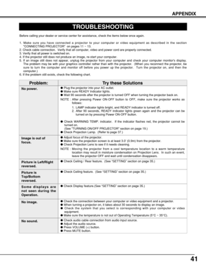 Page 4141
APPENDIX
TROUBLESHOOTING
Before calling your dealer or service center for assistance, check the items below once again.
1. Make sure you have connected a projector to your computer or video equipment as described in the section
CONNECTING PROJECTOR  on pages 11 ~ 13.
2. Check cable connection.  Verify that all computer, video and power cord are properly connected.
3. Verify that all power is switched on.
4. If the projector still does not produce an image, re-start your computer.
5. If an image still...