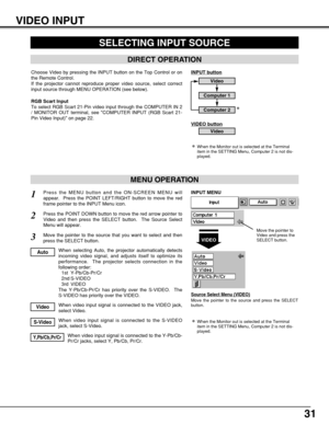 Page 3131
VIDEO INPUT
SELECTING INPUT SOURCE
MENU OPERATION
DIRECT OPERATION
Choose Video by pressing the INPUT button on the Top Control or on
the Remote Control.
If the projector cannot reproduce proper video source, select correct
input source through MENU OPERATION (see below).
Press the MENU button and the ON-SCREEN MENU will
appear.  Press the POINT LEFT/RIGHT button to move the red
frame pointer to the INPUT Menu icon.
Press the POINT DOWN button to move the red arrow pointer to
Video and then press the...