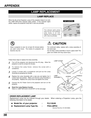 Page 3838
APPENDIX
LAMP REPLACEMENT
LAMP REPLACE
When the life of the Projection Lamp of this projector draws to an end,
the LAMP REPLACE indicator lights yellow.  If this indicator lights
yellow, replace the projection lamp with a new one promptly.
Follow these steps to replace the lamp assembly.
LAMP
ASSEMBLYHANDLE LAMP COVER
ORDER REPLACEMENT LAMP
Replacement Lamp can be ordered through your dealer.  When ordering a Projection Lamp, give the
following information to the dealer.

Model No. of your projector...