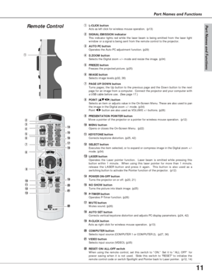 Page 1111
Part Names and Functions
Part Names and Functions
Remote Control
q
w
e
r
t
y
u
i
o
!0
!1
!4
!5
!6
!7
!9
@0
@1!2
!3
@2
@2RESET/ON/ALL-OFF switch
When using the remote control, set this switch to “ON.” Set it to “ALL OFF” for
power saving when it is not used.  Slide this switch to RESET to initialize the
remote control code or switch Spotlight and Pointer back to Laser pointer.  (p12, 14)
wSIGNAL EMISSION indicator
This indicator lights red while the laser beam is being emitted from the laser light...