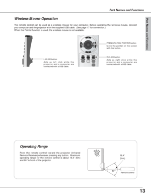 Page 1313
Part Names and Functions
Part Names and Functions
The remote control can be used as a wireless mouse for your computer. Before operating the wireless mouse, connect
your computer and the projector with the supplied USB cable.  (See page 17 for connection.) 
When the Pointer function is used, the wireless mouse is not available. 
Move the pointer on the screen
with this button.  PRESENTATION POINTER button
R-CLICK button
L-CLICK button
Acts as right click while the
projector and a computer are...
