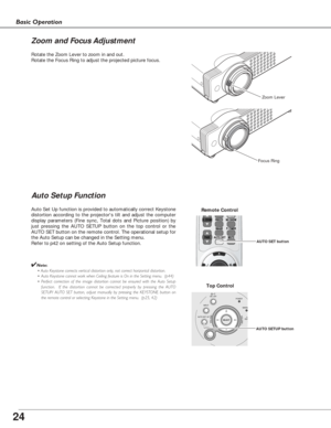 Page 2424
Basic Operation
Rotate the Zoom Lever to zoom in and out.  
Rotate the Focus Ring to adjust the projected picture focus.  
Zoom Lever
Focus Ring
Auto Setup Function
Auto Set Up function is provided to automatically correct Keystone
distortion according to the projectors tilt and adjust the computer
display parameters (Fine sync, Total dots and Picture position) by
just pressing the AUTO SETUP button on the top control or the
AUTO SET button on the remote control. The operational setup for
the Auto...