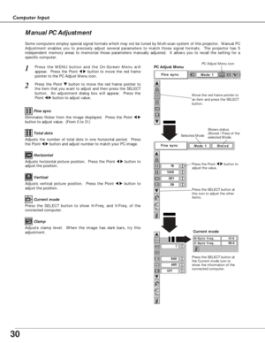 Page 3030
Computer Input
Press the MENU button and the On-Screen Menu will
appear.  Press the Point 
7 8button to move the red frame
pointer to the PC Adjust Menu icon.1
2Press the Point d dbutton to move the red frame pointer to
the item that you want to adjust and then press the SELECT
button.  An adjustment dialog box will appear.  Press the
Point 
7 8button to adjust value.Move the red frame pointer to
an item and press the SELECT
button.
PC Adjust MenuPC Adjust Menu icon
Eliminates flicker from the image...