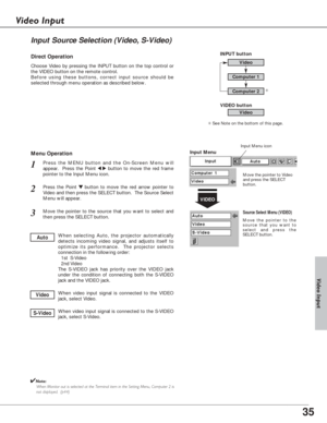 Page 3535
Choose Video by pressing the INPUT button on the top control or
the VIDEO button on the remote control.
Before using these buttons, correct input source should be
selected through menu operation as described below.
Press the MENU button and the On-Screen Menu will
appear.  Press the Point 
7 8button to move the red frame
pointer to the Input Menu icon.
Press the Point d dbutton to move the red arrow pointer to
Video and then press the SELECT button.  The Source Select
Menu will appear. 
1
2
Move the...