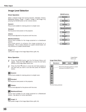 Page 3838
Video Input
Press the MENU button and the On-Screen Menu will
appear.  Press the Point 
7 8button to move the red frame
pointer to the Image Select Menu icon.1
2Press the Point d dbutton to move the red frame pointer to
the level that you want to set and then press the SELECT
button.Move the red frame pointer to a level
and press the SELECT button.
The level being selected.
Image Select Menu
Normal picture level preset on this projector.Standard
Picture level adjusted for the picture with fine...