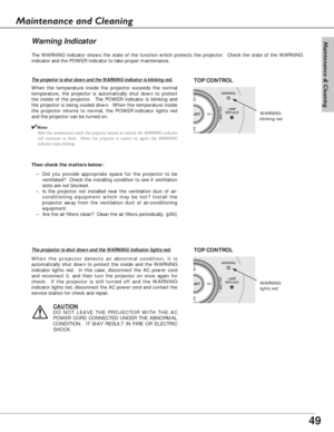 Page 4949
Maintenance & Cleaning
The WARNING indicator shows the state of the function which protects the projector.  Check the state of the WARNING
indicator and the POWER indicator to take proper maintenance. 
WARNING
LAMP
REPLACE
LECT
VOLUME+
WARNING
blinking red
TOP CONTROL
Wa rn ing Indicator
The projector is shut down and the WARNING indicator is blinking red.
When the temperature inside the projector exceeds the normal
temperature, the projector is automatically shut down to protect
the inside of the...