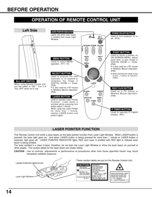 Page 1414
BEFORE OPERATION
OPERATION OF REMOTE CONTROL UNIT
VOLUMEON-OFF
D.ZOOMKEYSTONE
MENUMUTE
LASER
NO SHOWFREEZE
AUTO PC ADJ.IMAGE
P-TIMER
LOCK
INPUT
ON
ALL OFF
ALL-OFF SWITCH
Left Side
When using Remote Control Unit,
turn this switch to “ON.”  Turn it to
“ALL OFF” when not in use.
This Remote Control Unit emits a laser beam as the laser pointer function from Laser Light Window.  When LASER button is
pressed, the laser light goes on.  And when LASER button is being pressed for more than 1 minute or LASER...