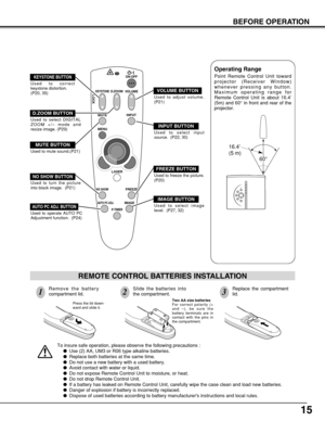 Page 1515
BEFORE OPERATION
To insure safe operation, please observe the following precautions :
Use (2) AA, UM3 or R06 type alkaline batteries.
Replace both batteries at the same time.
Do not use a new battery with a used battery.
Avoid contact with water or liquid.
Do not expose Remote Control Unit to moisture, or heat.
Do not drop Remote Control Unit.
If a battery has leaked on Remote Control Unit, carefully wipe the case clean and load new batteries.
Danger of explosion if battery is incorrectly...