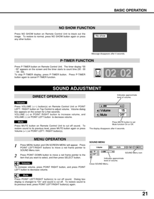 Page 2121
BASIC OPERATION
Press NO SHOW button on Remote Control Unit to black out the
image.  To restore to normal, press NO SHOW button again or press
any other button.
NO SHOW FUNCTION
Message disappears after 4 seconds.
No show
Press P-TIMER button on Remote Control Unit.  The timer display “00
: 00” appears on the screen and the timer starts to count time (00 : 00
~ 59 : 59).  
To stop P-TIMER display, press P-TIMER button.  Press P-TIMER
button again to cancel P-TIMER function.
P-TIMER FUNCTION
1
2
Press...