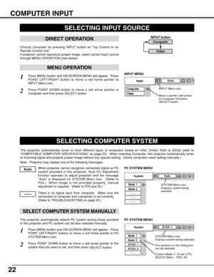 Page 2222
COMPUTER INPUT
SELECTING INPUT SOURCE
MENU OPERATION
DIRECT OPERATION
Choose Computer by pressing INPUT button on Top Control or on
Remote Control Unit.
If projector cannot reproduce proper image, select correct input source
through MENU OPERATION (see below).
Press MENU button and ON-SCREEN MENU will appear.  Press
POINT LEFT/RIGHT button to move a red frame pointer to
INPUT Menu icon.
Press POINT DOWN button to move a red arrow pointer to
Computer and then press SELECT button. 
1
2
INPUT button...