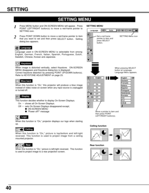 Page 4040
SETTING
Ceiling
When this function is “On,” picture is top/bottom and left/right
reversed. This function is used to project image from a ceiling
mounted projector.
Rear
When this function is “On,” picture is left/right reversed.  This function
is used to project image to a rear projection screen.
Ceiling function
Rear function
Keystone
When image is distorted vertically, select Keystone.  ON-SCREEN
MENU disappears and Keystone dialog box is displayed.
Correct keystone distortion by pressing POINT...