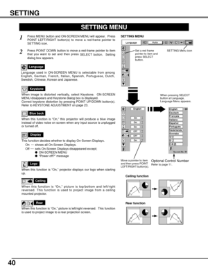 Page 4040
SETTING
Ceiling
When this function is “On,” picture is top/bottom and left/right
reversed. This function is used to project image from a ceiling
mounted projector.
Rear
When this function is “On,” picture is left/right reversed.  This function
is used to project image to a rear projection screen.
Ceiling function
Rear function
Keystone
When image is distorted vertically, select Keystone.  ON-SCREEN
MENU disappears and Keystone dialog box is displayed.
Correct keystone distortion by pressing POINT...