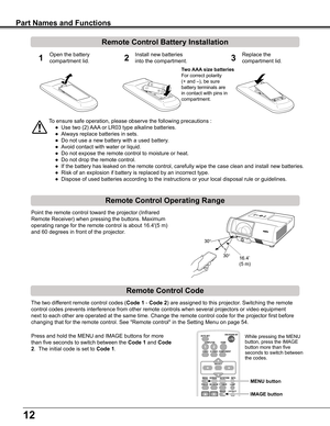 Page 1212
Part Names and Functions
To	ensure	safe	operation,	please	observe	the	following	precautions	:
 ●	 Use	two	(2)	AAA	or	LR03	type	alkaline	batteries.
 ●	 Always	replace	batteries	in	sets.
 ●	 Do	not	use	a	new	battery	with	a	used	battery.
 ●	 Avoid	contact	with	water	or	liquid.
 ●	 Do	not	expose	the	remote	control	to	moisture	or	heat.
 ●	 Do	not	drop	the	remote	control.
 ●	 If	the	battery	has	leaked	on	the	remote	control,	carefully	wipe	the	case	clean	and	install	new	batteries.
 ●	 Risk	of	an	explosion	if...