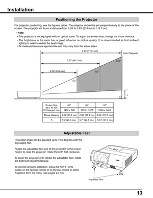 Page 1313
Positioning the Projector
For	projector	 positioning,	 see	the	figures	 below.	The	projector	 should	be	set	 perpendicularly	 to	the	 plane	 of	the	
screen.	 The	projector	will	focus	at	distance	from	2.09'	to	3.93'	(63.6	cm	to	119.7	cm).
Installation
Note:
		•	This	projector	is	not	equipped	with	an	optical	zoom.	 To	adjust	the	screen	size,	change	the	throw	distance.
	 •	The	brightness 	in 	the 	room 	has 	a 	great 	influence 	on 	picture 	quality. 	It 	is 	recommended 	to 	limit 	ambient...