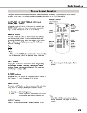 Page 2525
Remote Control Operation
Using	the	remote	control	for	some	frequently	used	operations	is	advisable.	Just	pressing	one	of	the	buttons	
enables	you	to	make	the	desired	operation	quickly	without	calling	up	the	On-Screen	Menu.
Press	the	COMPUTER	1/2,	HDMI,	VIDEO,	S-VIDEO	and	
COMPONENT	buttons	on	the	remote	control	to	select	the	
input	source.		See	pages	27-28,	37-38	for	details.
COMPUTER 1/2, HDMI, VIDEO, S-VIDEO and 
COMPONENT buttons
Display	the	input	source	information:	Input,	H-sync freq .,	
V-sync...