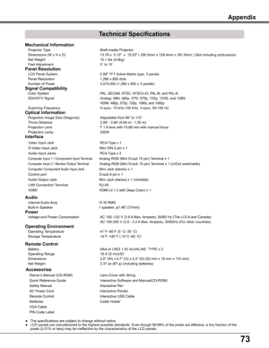 Page 7373
Technical Specifications
Mechanical Information  
	 Projector	Type	 Multi-media	Projector 
	 Dimensions	(W	x	H	x	D)	 13.78	x		5.10"	 x		15.03"	(	350.0mm	x	129.4mm	x	381.9mm	)	(Not	including	protrusions) 
	 Net	Weight	10.1	lbs	(4.6kg)  
			Feet	Adjustment																																																0˚	to	10˚	 	 	 	 	
Panel Resolution  
	 LCD	Panel	System	0.59"	TFT	Active	Matrix	type,	3	panels	 
	 Panel	Resolution	 1,280	x	800	dots 
	 Number	of	Pixels	3,072,000	(1,280	x	800	x	3	panels)...