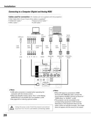 Page 2020
Connecting to a Computer (Digital and Analog RGB)
Cables used for connection )(*=Cables are not supplied with this projector.)
• VGA Cable (Mini D-sub 15 pin) (One cable is supplied)* 
• HDMI-DVI Cable *  • Serial Control Cable *
• BNC Cable *  • USB Cable *
HDMI-DVI 
cable
USB 
cable USB port
USB
Unplug the power cords of both the projector and external 
equipment from the AC outlet 
before connecting cables.
✔Notes:
	 •	USB	cable	connection	is	needed	when	operating	the	 computer	with	the	remote...