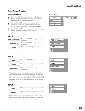 Page 3535
Press the MENU button to display the On-Screen 
Menu. Use the Point 
7 8 buttons to move the red 
frame pointer to the Input Menu icon.1
Use the Point ed buttons to move the red arrow 
pointer to the desired input and then press the 
SELECT button. The signal format menu appears.2
Use the Point ed buttons to select the desired signal 
format and then press the SELECT button.3
Menu Operation
When the RGB PC (analog) signal is 
connectedRGB (PC analog)
INPUT 1
When the HDMI signal is connected.HDMI
When...