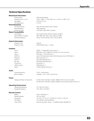 Page 8383
Technical Specifications
Mechanical Information 
 Projector Type      Multi-media Projector 
  Dimensions (W x H x D)    21.66” x 6.89” x. 17.76” (451.0 mm x 175.0 mm x 550.1 mm) 
  Net Weight     
32.4 lbs (14.7 kg)  
  Feet Adjustment      0˚ to 3.5˚                 
Panel Resolution 
 LCD Panel System      0.95” TFT Active Matrix type, 3 panels  
  Panel Resolution      1280 x 800 dots 
  Number of Pixels      3,072,000 (1,280 x 800 x 3 panels)           
Signal Compatibility 
 Color System...