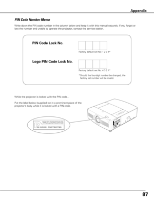 Page 8787
Write down the PIN code number in the column below and keep it with this manual securely. If you forgot or 
lost the number and unable to operate the projector, contact the service station. 
PIN Code Number Memo
Factory default set No: 1 2 3 4*
Factory default set No: 4 3 2 1*
* Should the four-digit number be changed, the 
factory set number will be invalid.
While the projector is locked with the PIN code...
Put the label below (supplied) on in a prominent place of the 
projector’s body while it is...