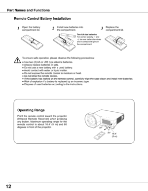 Page 1230º
30º
Part Names and Functions
123
To	ensure	safe	operation,	please	observe	the	following	precautions:
●	Use	two	(2)	
AA	or	LR6	type	alkaline	batteries.
●	Always	replace	batteries	in	sets.
●	Do	not	use	a	new	battery	with	a	used	battery.
●	Avoid	contact	with	water	or	liquid	matter.
●	Do	not	expose	the	remote	control	to	moisture	or	heat.
●	Do	not	drop	the	remote	control.
●	If	the	battery	has	leaked	on	the	remote	control,	carefully	wipe	the	case	clean	and	install	new	batteries.
●	Risk	of	explosion	if	a...