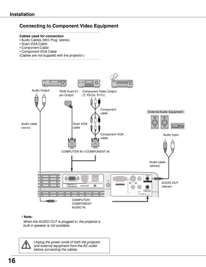 Page 1616
Connecting to Component Video Equipment
S-VID EO IN
MONITOR  OUTCOMPUTER IN2 /
COMPUTER/COMPONENTAUDIO  IN
R
VIDEO IN L
(MONO)
(VARIABLE)
AUDIO  OUT
Cables used for connection
 
• Audio Cables (Mini Plug: stereo) 
• Scart-VGA Cable
• Component Cable 
• Component-VGA Cable  
(Cables are not supplied with the projector.)
Note:
  When the AUDIO OUT is plugged-in, the projector’s  
  built-in speaker is not available.
External Audio Equipment
COMPUTER IN 1/COMPONENT IN
COMPUTER/ 
COMPONENT
AUDIO IN Audio...