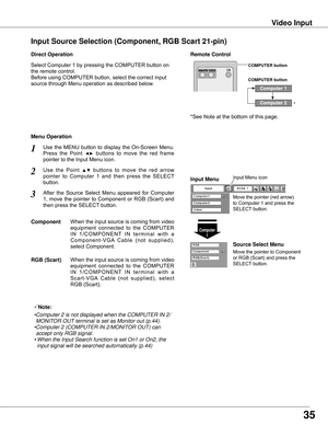 Page 35Select	Computer	1	by	pressing	the	COMPUTER	button	on	
the	remote	control.
Before	using	COMPUTER	button,	select	the	correct	input	
source	through	Menu	operation	as	described	below.
Use	the	MENU	 button	to	display	 the	On-Screen	 Menu.	
Press	the 	Point 	◄►	buttons 	to 	move 	the 	red 	frame	
pointer	to	the	Input	Menu	icon.
1
Computer 
1
Input Menu
Use	the 	Point 	▲▼	buttons 	to 	move 	the 	red 	arrow	
pointer 	to 	Computer 	1 	and 	then 	press 	the 	SELECT 	
button.		
2
After	the	Source	 Select	Menu...