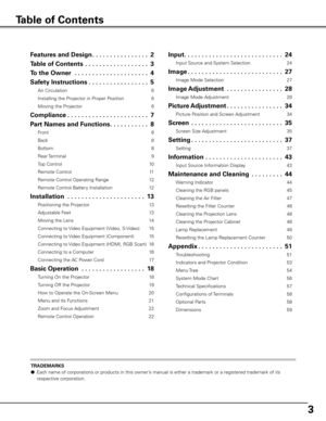 Page 33
TRADEMARKS
● Each name of corporations or products in this owner’s manual is either a trademark or a registered trademark of its 
respective corporation.
Table of Contents
Features and Design  . . . . . . . . . . . . . . . .2
Table of Contents   . . . . . . . . . . . . . . . . . . 3
To the Owner   . . . . . . . . . . . . . . . . . . . . . 4
Safety Instructions  . . . . . . . . . . . . . . . . . 5
Air Circulation  6
Installing the Projector in Proper Position  6
Moving the Projector  6
Compliance . . ....