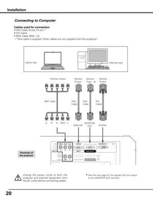 Page 20
0

Installation
Connecting to Computer
VGA 
Cable 
Monitor Output 
Desktop typeLaptop type
Terminals of
the projector
DVI 
Cable 
BNC Cable
Monitor 
Output 
Unplug  the  power  cords  of  both  the 
projector  and  external  equipment  from 
the AC outlet before connecting cables.
GVH/HVRBDIGITALANALOG
VGA 
Cable 
MONITOR 
OUT
Monitor 
Output 
Monitor 
Input v
See the next page for the signals that can output 
to the MONITOR OUT terminal.
v
Cables used for connection 
• VGA Cable (D-sub 15 pin) *
•...