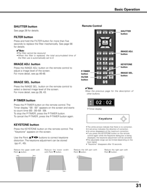 Page 31
1

KEySTONE button
Reduce  the  upper  width  with Point e button. Re d u c e   t h e   l owe r   w i d t h with Point d button.Reduce  the  left  part  with Point 7 button.Reduce  the  right  part  with Point 8 button.
• The white arrows indicate that there is no correction.
•  A red arrow indicates the direction of correction.
•  An arrow disappears at the maximum correction.
•  If you press the KEYSTONE button on the remote 
control again while the Keystone dialog box is being displayed, the...