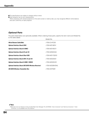 Page 84
4

Optional Parts
     Model No.
Wired Remote Cable(30m)    
: POA-CA-RC30 
Optional Interface Board (DVI)    
: POA-MD18DVI
Optional Interface Board (5-BNC)    
: POA-MD16VD1
Optional Interface Board (D-sub 15) 
: POA-MD04VGA
Optional Interface Board (Dual-SDI) 
: POA-MD17SDID
Optional Interface Board (DVI / D-sub 15) 
: POA-MD23ADI
Optional Interface Board (5-BNC / VIDEO) 
: POA-MD25VD3
Optional Interface Board (HD DATA Wireless Receiver)  
: POA-MD26HDWL
HD DATA Wireless Transmitter Box  
:...