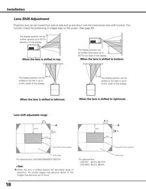 Page 18
18

Projection lens can be moved from side to side and up and down with the motor-driven lens shift function. This 
function makes the positioning of images easy on the screen. (See page 28)
Lens Shift Adjustment
When the lens is shifted to top .
The display position can be 
shifted upward up to 67.7% 
elevation of the display.
When the lens is shifted to bottom .
The display position can 
be shifted downward up to 
67.7% low level of the display.
When the lens is shifted to leftmost .
The display...