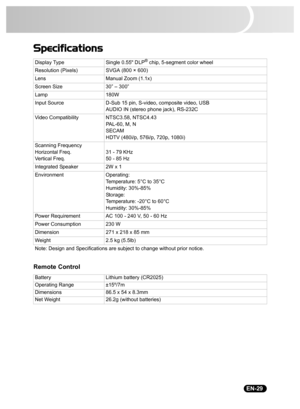 Page 31                                                                                                                                  EN-29
Specifications
Remote Control
Display Type Single 0.55 DLP® chip, 5-segment color wheel
Resolution (Pixels) SVGA (800 × 600)
Lens Manual Zoom (1.1x)
Screen Size 30” – 300”
Lamp 180W
Input Source D-Sub 15 pin, S-video, composite video, USB
AUDIO IN (stereo phone jack), RS-232C
Video Compatibility NTSC3.58, NTSC4.43
PAL-60, M, N
SECAM
HDTV (480i/p, 576i/p, 720p, 1080i)...
