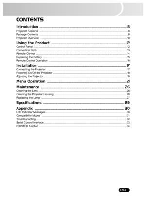 Page 9                                                                                                                                  EN-7
CONTENTS
Introduction .........................................................................................................................8
Projector Features  ....................................................................................................................... 8
Package Contents...