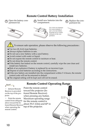 Page 1010
Remote Control Battery Installation
Open the battery com-partment lid.1Replace the com-partment lid.3Install new batteries into the compartment.2
Two AAA size batteries For correct polarity (+ and –), be sure battery terminals are in contact with pins in the com-partment.
To ensure safe operation, please observe the following precautions :
■  Use two (2) AAA type batteries.
■  Always replace batteries in sets.
■  Do not use a new battery with a used battery.
■  Avoid contact with water or liquid.
■...