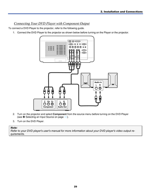 Page 382. Installation and Connections 
29 
 
Connecting Your DVD Player with Component Output 
To connect a DVD Player to the projector, refer to the following guide. \
1.  Connect the DVD Player to the projector as shown  below before turning on the Player or the projector. 
 
2.  Turn on the projector and select  Component from the source menu before turning on the DVD Player  
(see  o Selecting an Input Source on page  34). 
3.  Turn on the DVD Player. 
Note: 
Refer to your DVD players users manual for...