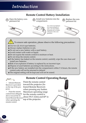 Page 1312
English
Introduction
Remote Control Battery Installation
Open the battery com-partment lid.1Replace the com-partment lid.3Install new batteries into the compartment.2
Two AAA size batteries For correct polarity (+ and –), be sure battery terminals are in contact with pins in the com-partment.
To ensure safe operation, please observe the following precautions :
■  Use two (2) AAA type batteries.
■  Always replace batteries in sets.
■  Do not use a new battery with a used battery.
■  Avoid contact with...