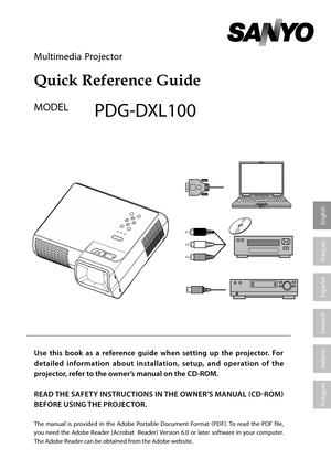 Page 1English
Multimedia  Projector 
Quick Reference Guide
MODELPDG-DXL100
Use  this  book  as  a  reference  guide  when  setting  up  the  projector.  For 
detailed  information  about  installation,  setup,  and  operation  of  the 
projector, refer to the owner’s manual on the CD-ROM.
ReaD the SaFety InStRUC tIOnS In the  OwneR ’S  M anU al (CD-ROM) 
beFORe  USIng the pROjeC tOR .
The  manual  is  provided  in  the  Adobe  Portable  Document  Format  (PDF).  To  read  the  PDF  file, 
you  need  the  Adobe...