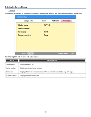 Page 101
5. Using On-Screen Display 
92
Version 
The Version tab displays all the version and product details of the projector and associated software (for display only). 
 
The following table lists all items with a description. 
ITEM DESCRIPTION 
Model name Displays Product ID. 
Serial number Displays projector Serial number. 
Firmware Displays Firmware version and Color Wheel currently installed (4-seg or 6-seg). 
Remote control Displays remote control code. 
  