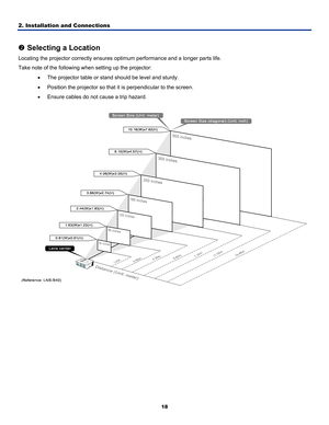 Page 27
2. Installation and Connections 
18
 
o Selecting a Location 
Locating the projector correctly ensures optimum performance and a longer parts life. 
Take note of the following when setting up the projector: 
• The projector table or stand should be level and sturdy. 
• Position the projector so that it is perpendicular to the screen. 
• Ensure cables do not cause a trip hazard. 
 
 
  