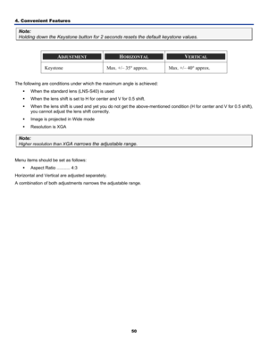 Page 59
4. Convenient Features 
50
Note: 
Holding down the Keystone button for 2 seconds resets the default keysto\
ne values. 
 
ADJUSTMENT HORIZONTAL VERTICAL 
Keystone Max. +/– 35° approx. Max. +/– 40° approx. 
 
The following are conditions under which the maximum angle is achieved: \
