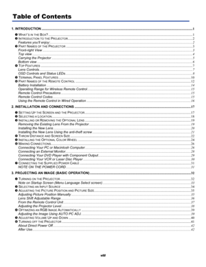 Page 7
 Table of Contents 
1. INTRODUCTION........................................................................\
..........................................................................................................1 
n WHAT’S IN THE BOX?........................................................................\
..................................................................................................1 
o INTRODUCTION TO THE...