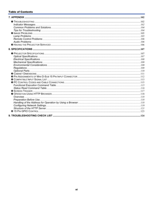 Page 9
Table of Contents 
xi 
7. APPENDIX........................................................................\
................................................................................................................ 102
n TROUBLESHOOTING........................................................................\
................................................................................................ 102 
Indicator...