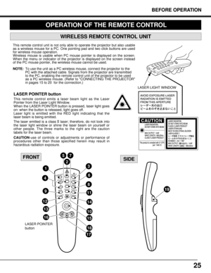 Page 2525
BEFORE OPERATION
OPERATION OF THE REMOTE CONTROL
LASER POINTER button
This remote control emits a laser beam light as the Laser
Pointer from the Laser Light Window.
When the LASER POINTER button is pressed, laser light goes
on: when the button is released, light goes off.
Laser light is emitted with the RED light indicating that the
laser beam is being emitted.
The laser emitted is a class laser; therefore, do not look into
the laser light window or shine the laser beam on yourself or
other people....