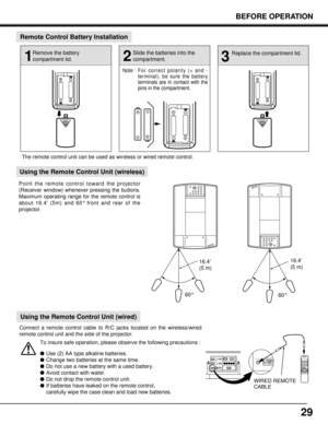 Page 2929
BEFORE OPERATION
60°
R/C JACKSERIAL PORT
OPENOPEN
Connect a remote control cable to R/C jacks located on the wireless/wired
remote control unit and the side of the projector.
60° The remote control unit can be used as wireless or wired remote control.
WIRED REMOTE
CABLE
1
Remove the battery
compartment lid.
2
Slide the batteries into the
compartment.
3
Replace the compartment lid.
Note : For correct polarity (+ and -
terminal), be sure the battery
terminals are in contact with the
pins in the...
