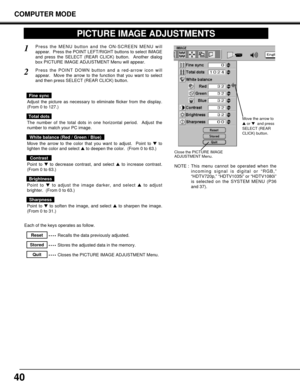 Page 4040
COMPUTER MODE
Press the MENU button and the ON-SCREEN MENU will
appear.  Press the POINT LEFT/RIGHT buttons to select IMAGE
and press the SELECT (REAR CLICK) button.  Another dialog
box PICTURE IMAGE ADJUSTMENT Menu will appear. 1
2
Adjust the picture as necessary to eliminate flicker from the display.
(From 0 to 127.)  
The number of the total dots in one horizontal period.  Adjust the
number to match your PC image.
Point to to decrease contrast, and select to increase contrast.
(From 0 to 63.)...