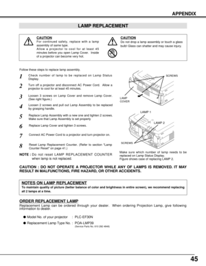 Page 4545
APPENDIX
Check number of lamp to be replaced on Lamp Status
Display.
Loosen 3 screws on Lamp Cover and remove Lamp Cover.
(See right figure.)
1
3
Loosen 2 screws and pull out Lamp Assembly to be replaced
by grasping handle.4
Turn off a projector and disconnect AC Power Cord.  Allow a
projector to cool for at least 45 minutes.2
Replace Lamp Assembly with a new one and tighten 2 screws.
Make sure that Lamp Assembly is set properly
6
Follow these steps to replace lamp assembly.
Replace Lamp Cover and...