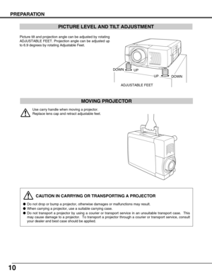 Page 1010
PREPARATION
CAUTION IN CARRYING OR TRANSPORTING A PROJECTOR
Do not drop or bump a projector, otherwise damages or malfunctions may result.
When carrying a projector, use a suitable carrying case.
Do not transport a projector by using a courier or transport service in an unsuitable transport case.  This
may cause damage to a projector.  To transport a projector through a courier or transport service, consult
your dealer and best case should be applied.
Picture tilt and projection angle can be...